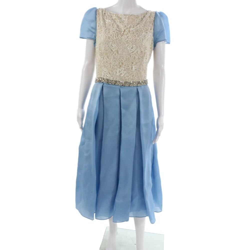 Naeem Khan Women A-Line Dress Blue Silk Boat Neck Short Sleeve Mid-Calf Size 10